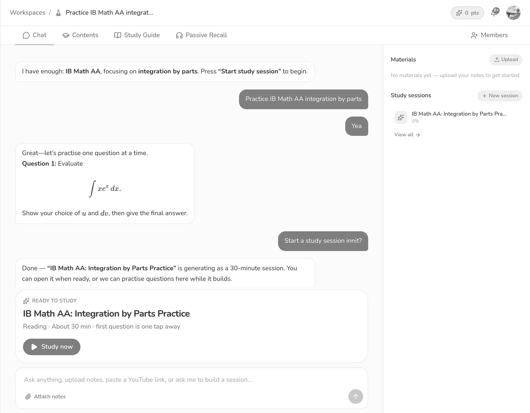 A Scribe workspace chat: the assistant poses an integration-by-parts question and offers a study session