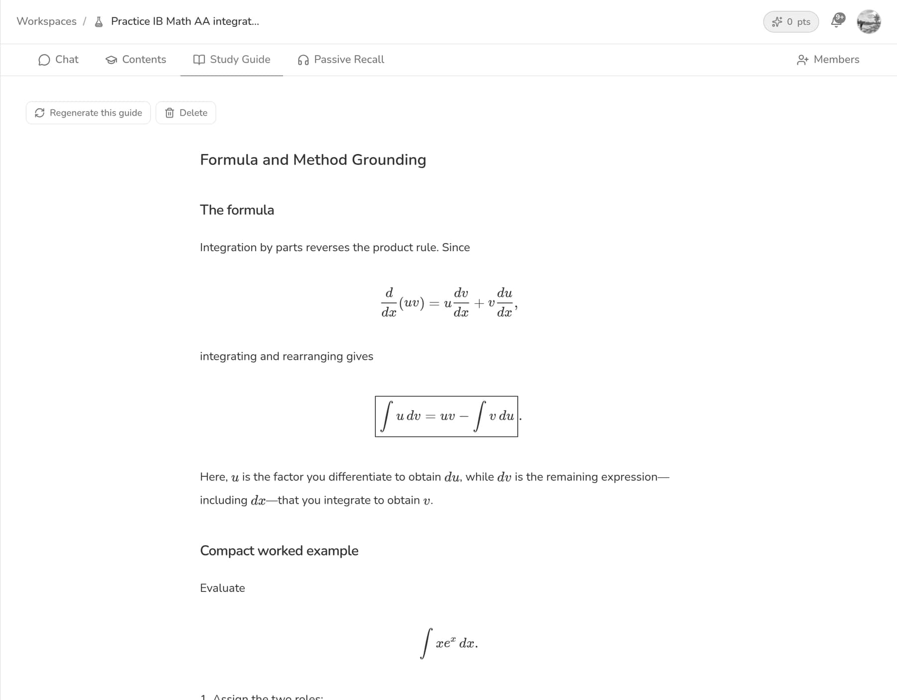 A Scribe study guide on integration by parts, with derived and boxed formulae