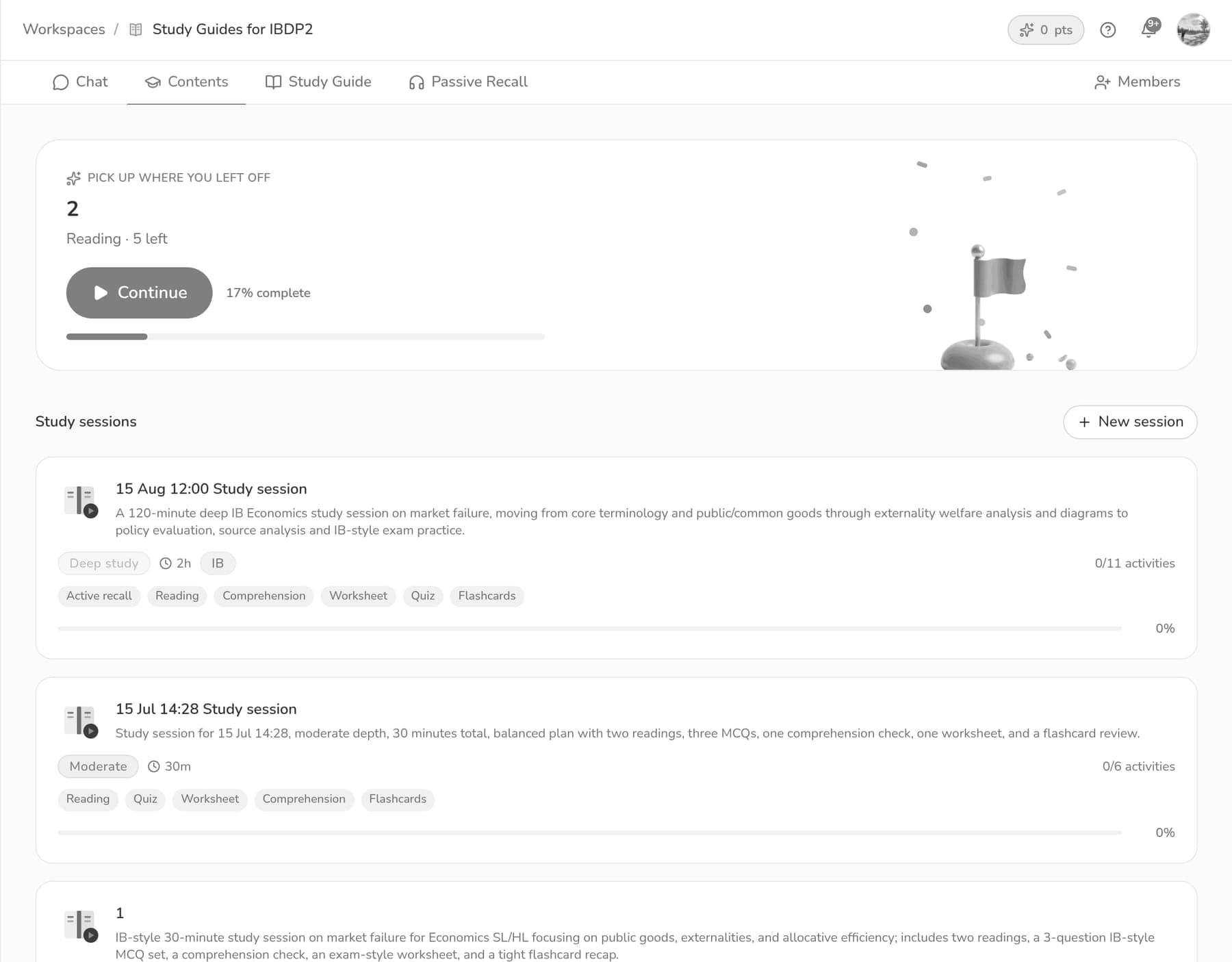 Scribe study sessions: a continue card and planned sessions with activity tags