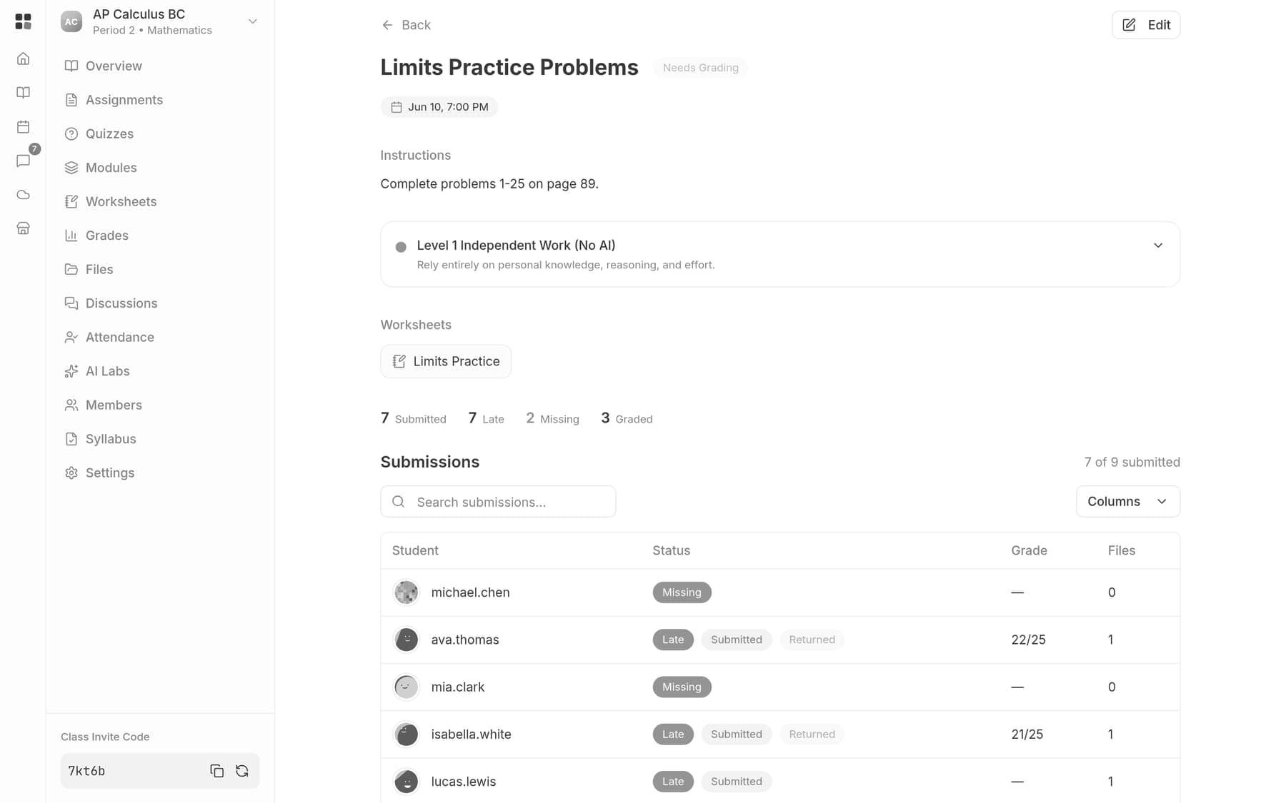 A Studious assignment: instructions, AI-use level, and a submissions table with statuses and grades