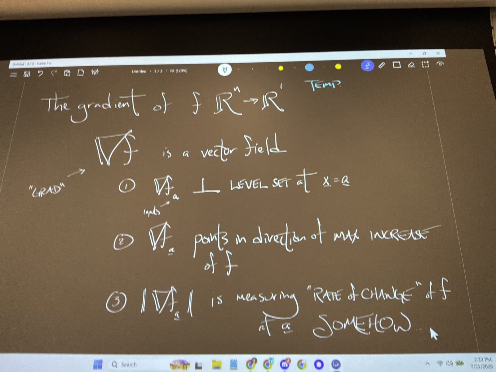 Handwritten maths on a smartboard: the gradient