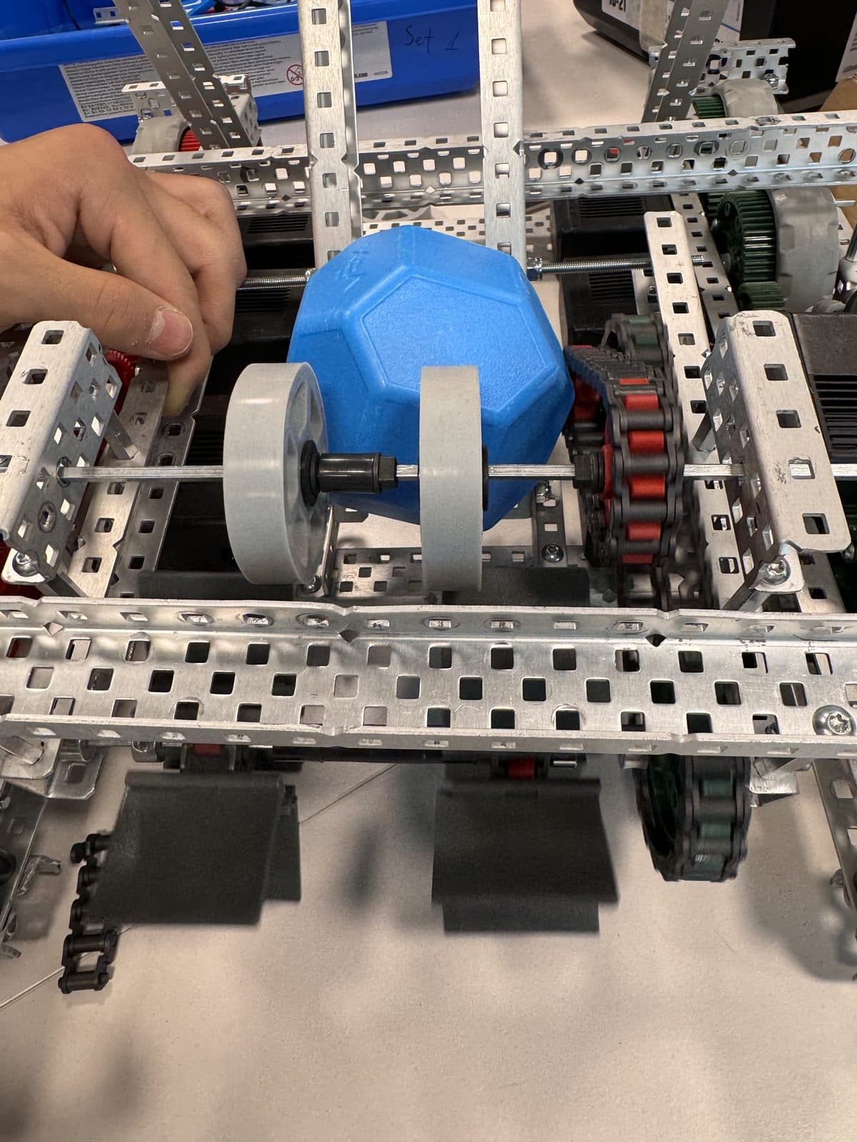 The robot’s intake holding a blue ball